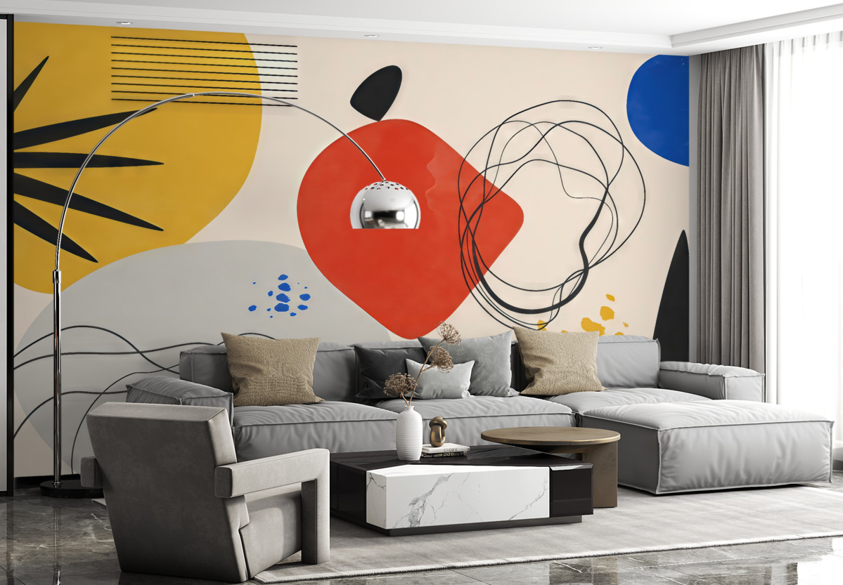 Fototapeta Abstrakcja współczesna, wyraźny akcent, boho, forma, kształty, łuki, linie, czerwony, żółty, niebieski, czarny.