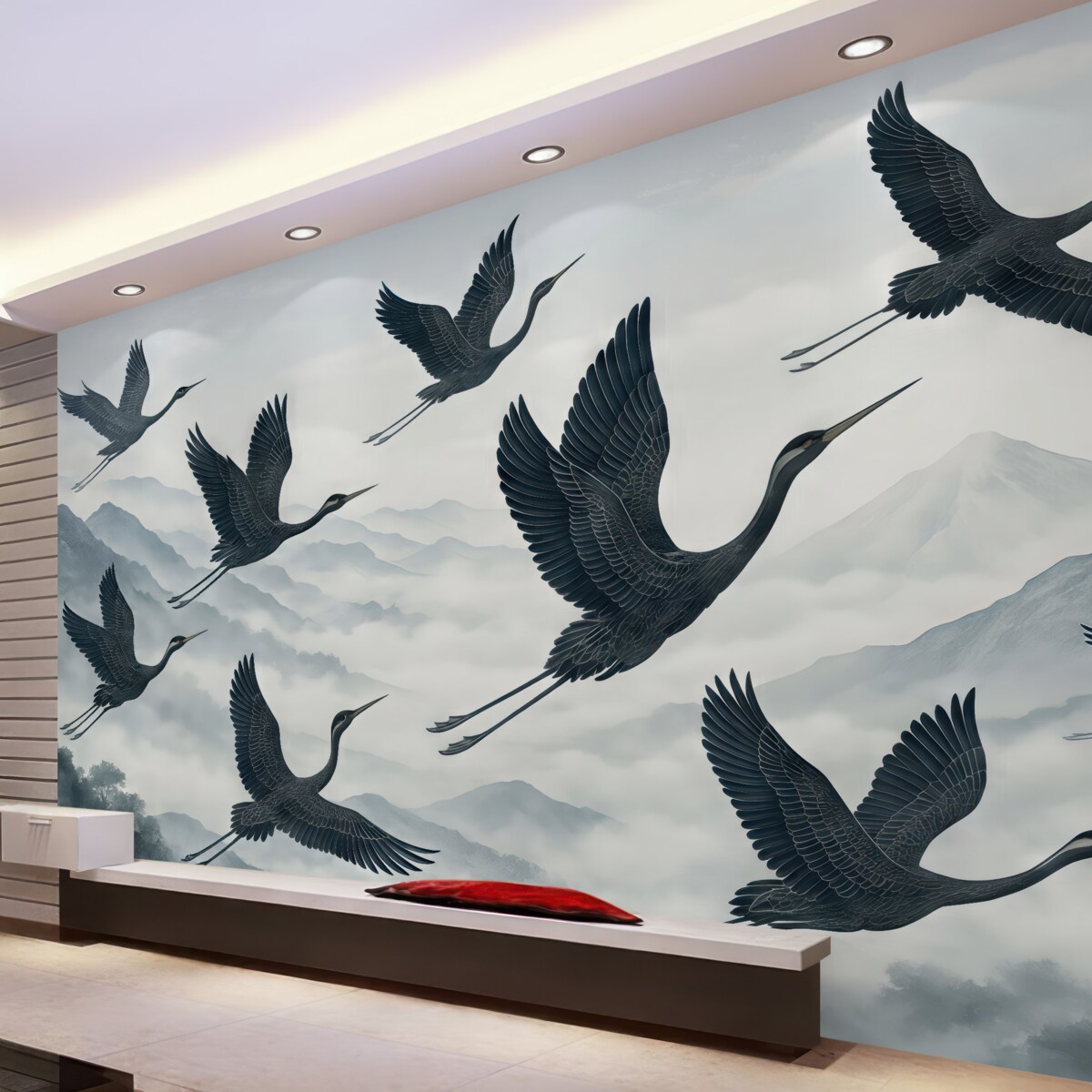 Fototapeta Żurawie unoszące się nad błękitnymi szczytami.