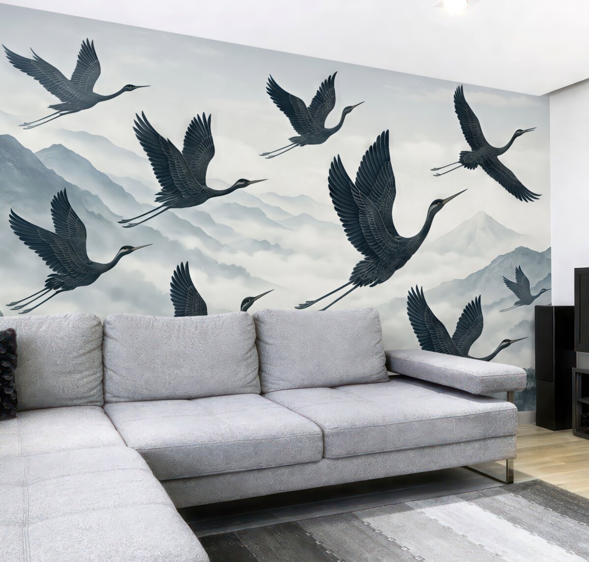 Fototapeta Żurawie unoszące się nad błękitnymi szczytami.