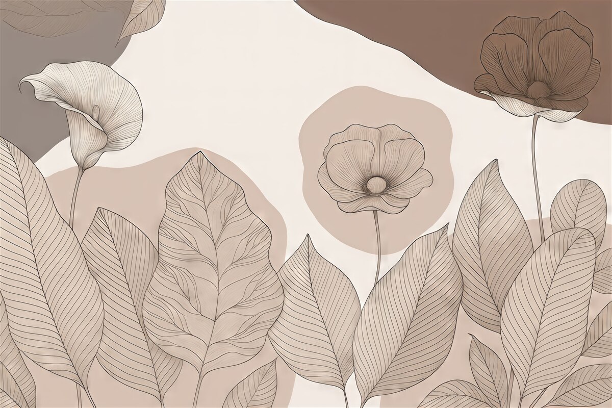 Fototapeta grafika linii, kwiaty, liście, odcień brązowy