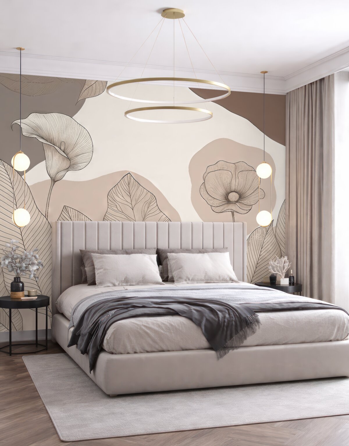 Fototapeta grafika linii, kwiaty, liście, odcień brązowy