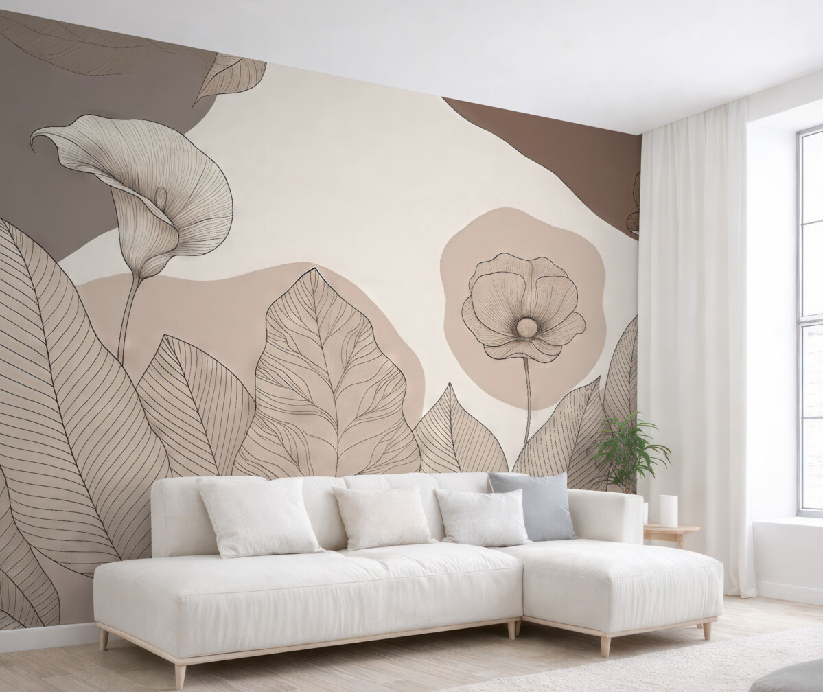 Fototapeta grafika linii, kwiaty, liście, odcień brązowy