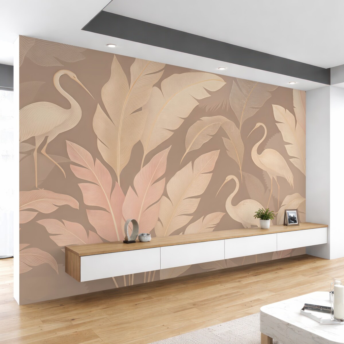 Fototapeta Czapla oraz liście na delikatnym fioletowym tle.