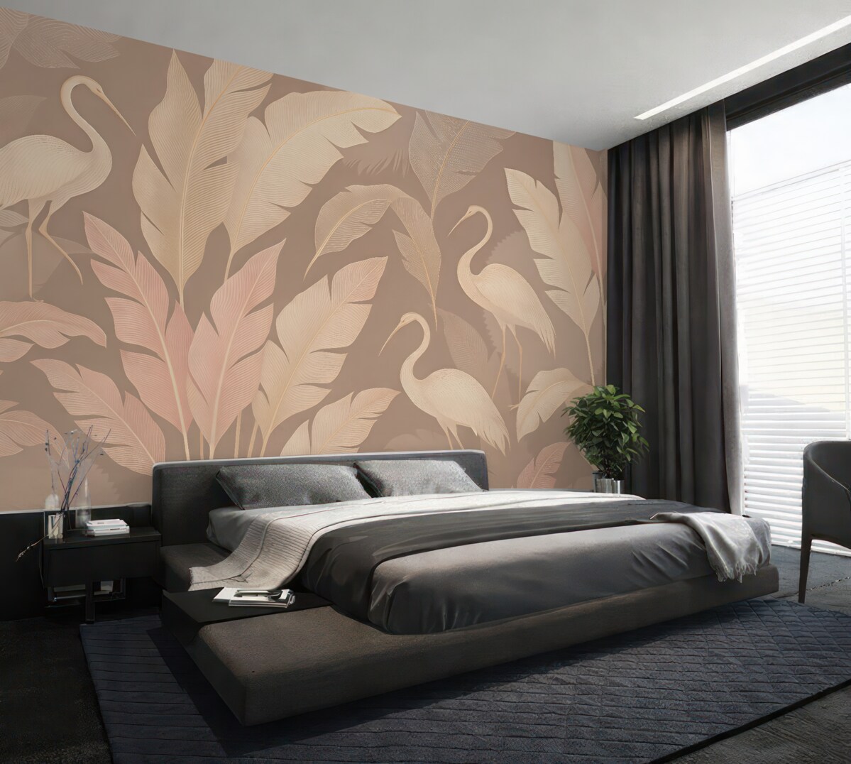 Fototapeta Czapla oraz liście na delikatnym fioletowym tle.