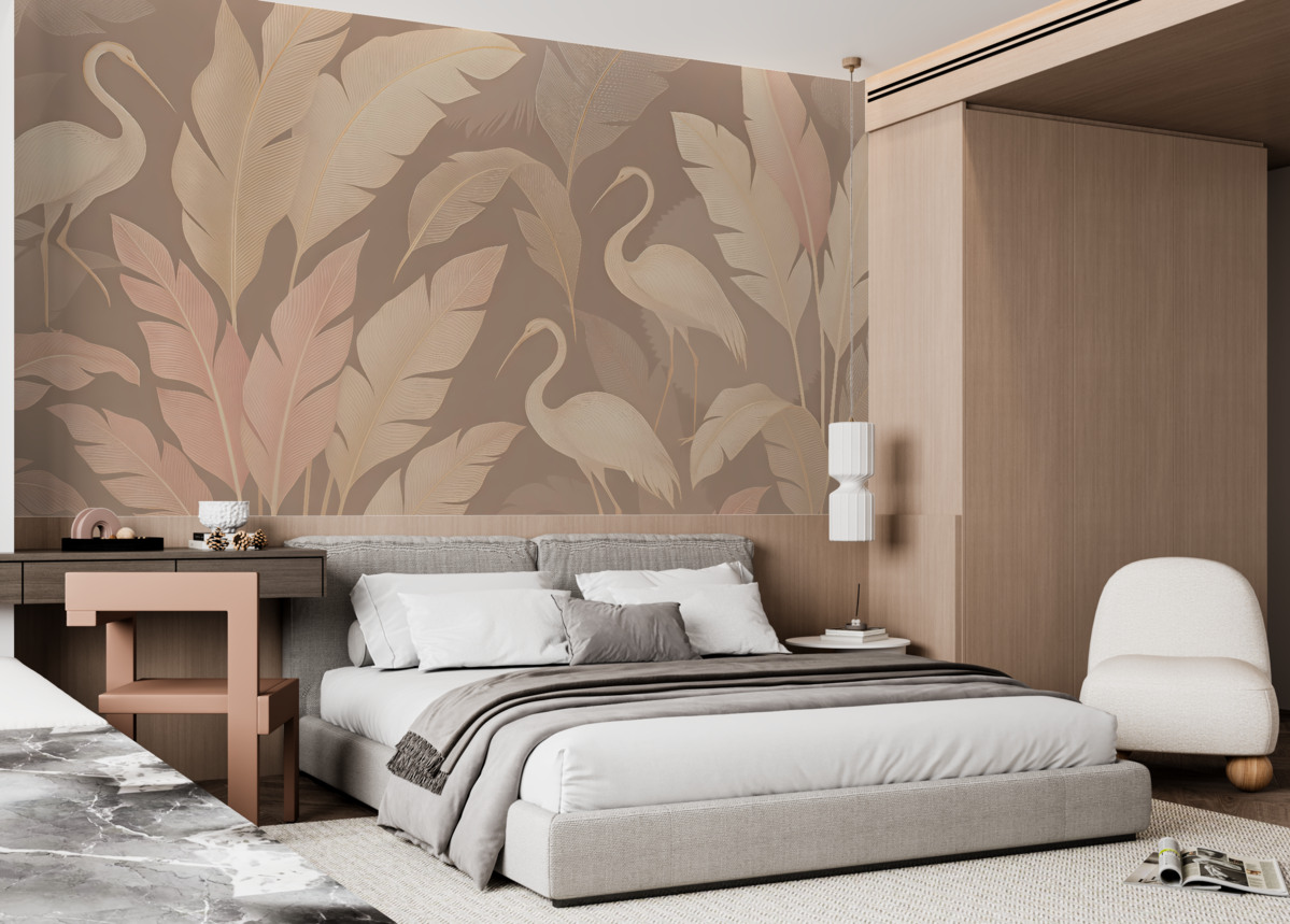 Fototapeta Czapla oraz liście na delikatnym fioletowym tle.