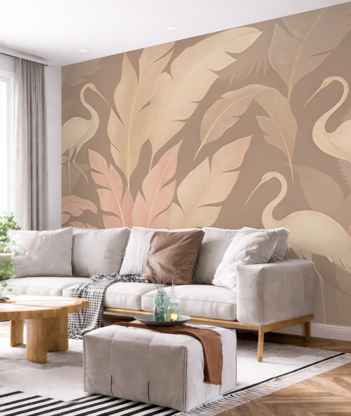 Fototapeta Czapla oraz liście na delikatnym fioletowym tle.