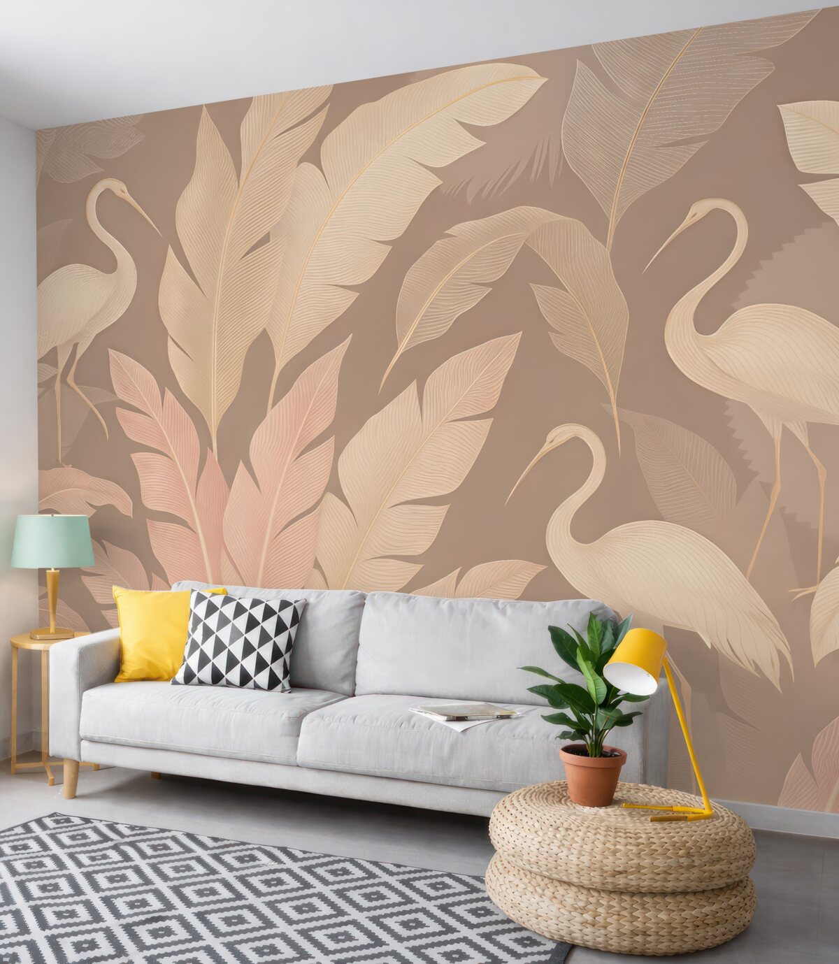 Fototapeta Czapla oraz liście na delikatnym fioletowym tle.