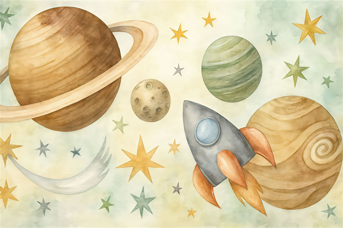 Fototapeta Barwna ilustracja ukazująca różne planety oraz akwarelę przedstawiającą kosmos.