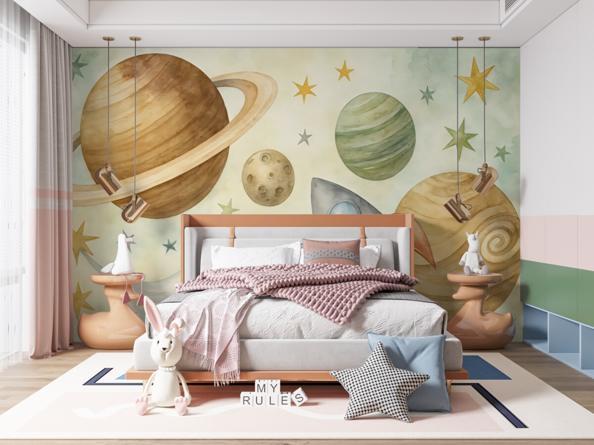 Fototapeta Barwna ilustracja ukazująca różne planety oraz akwarelę przedstawiającą kosmos.