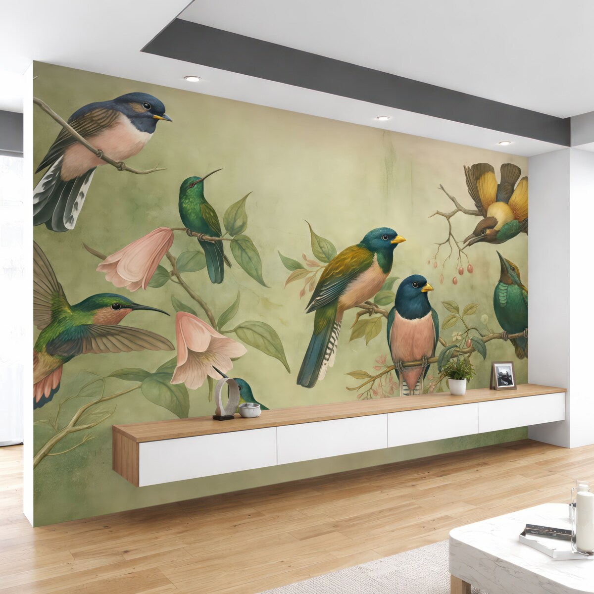 Fototapeta Zbiorowisko barwnych ptaków usadowionych na konarach na wzorzystym tle.