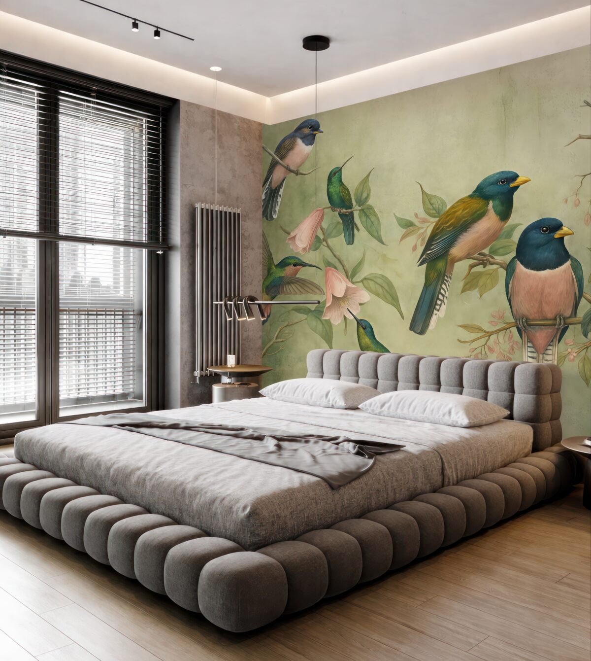 Fototapeta Zbiorowisko barwnych ptaków usadowionych na konarach na wzorzystym tle.