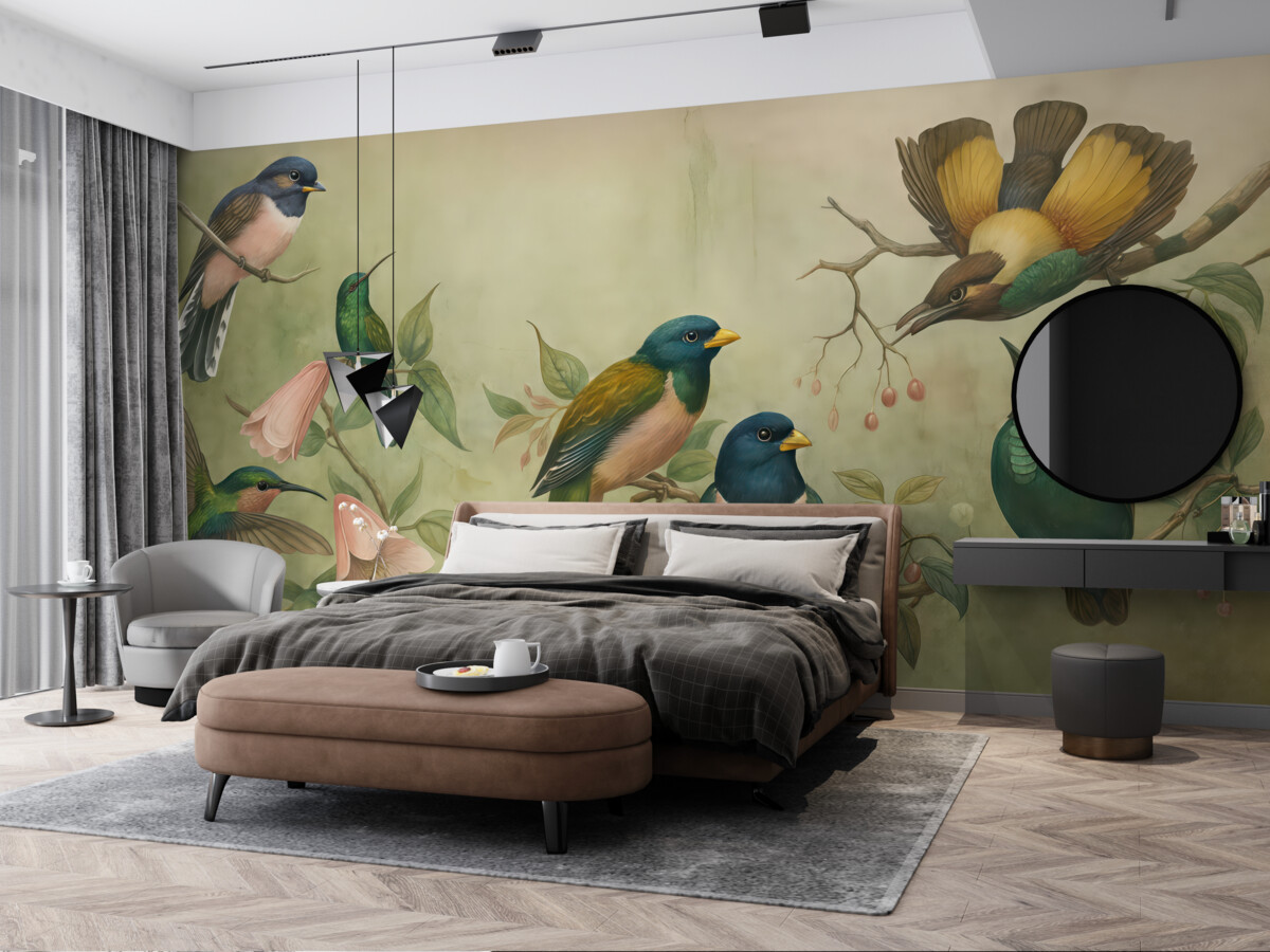 Fototapeta Zbiorowisko barwnych ptaków usadowionych na konarach na wzorzystym tle.