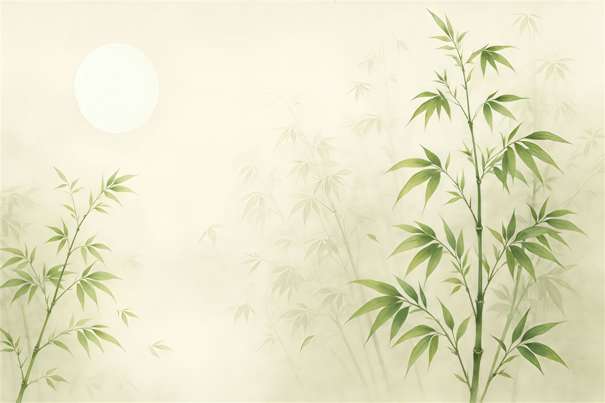 Fototapeta Minimalizm w stylu Japandi, roślina bambusowa oraz słońce Chinoiserie, odcień zieleni.