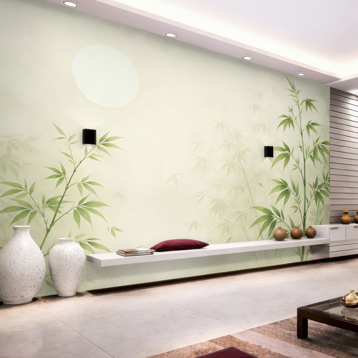 Fototapeta Minimalizm w stylu Japandi, roślina bambusowa oraz słońce Chinoiserie, odcień zieleni.