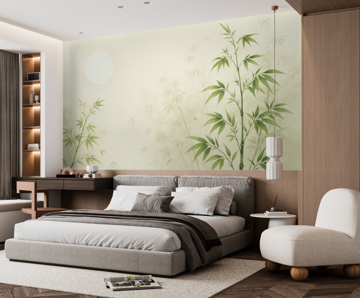 Fototapeta Minimalizm w stylu Japandi, roślina bambusowa oraz słońce Chinoiserie, odcień zieleni.