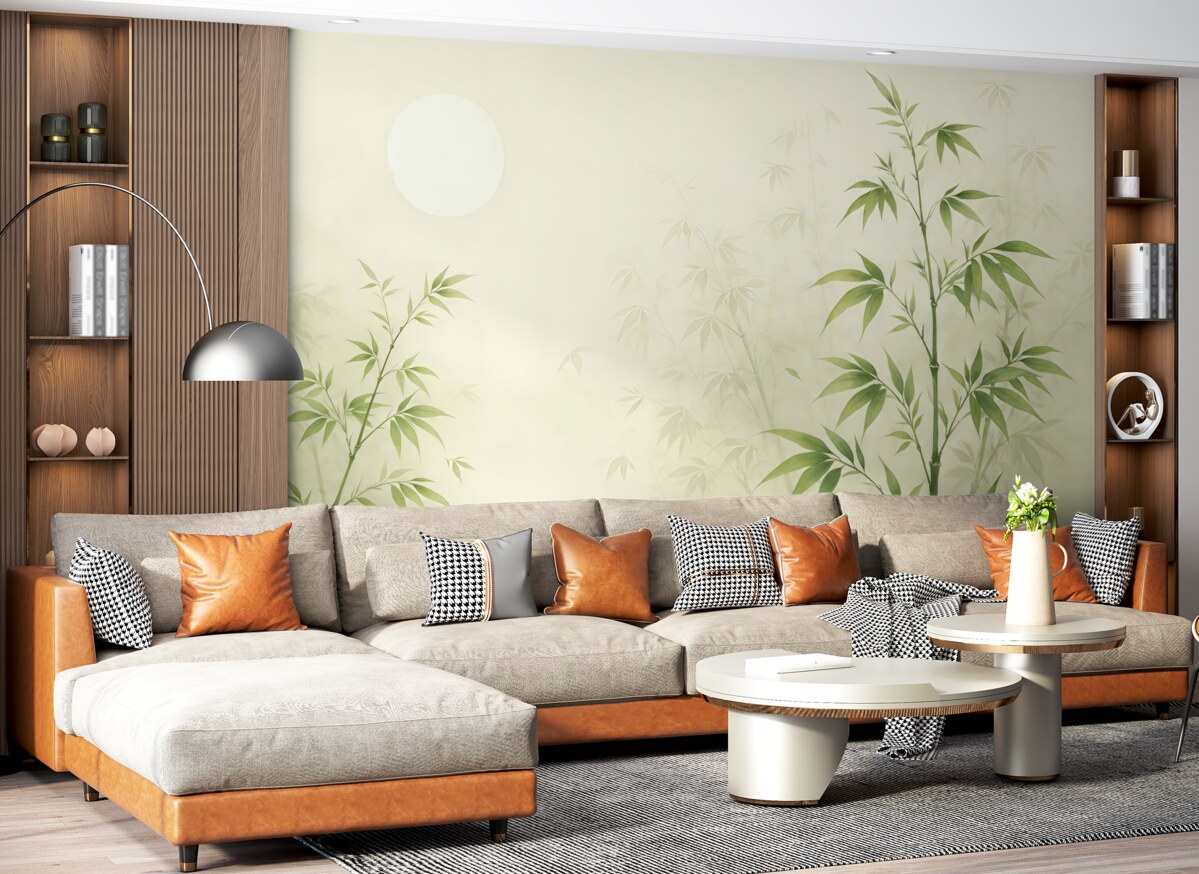 Fototapeta Minimalizm w stylu Japandi, roślina bambusowa oraz słońce Chinoiserie, odcień zieleni.