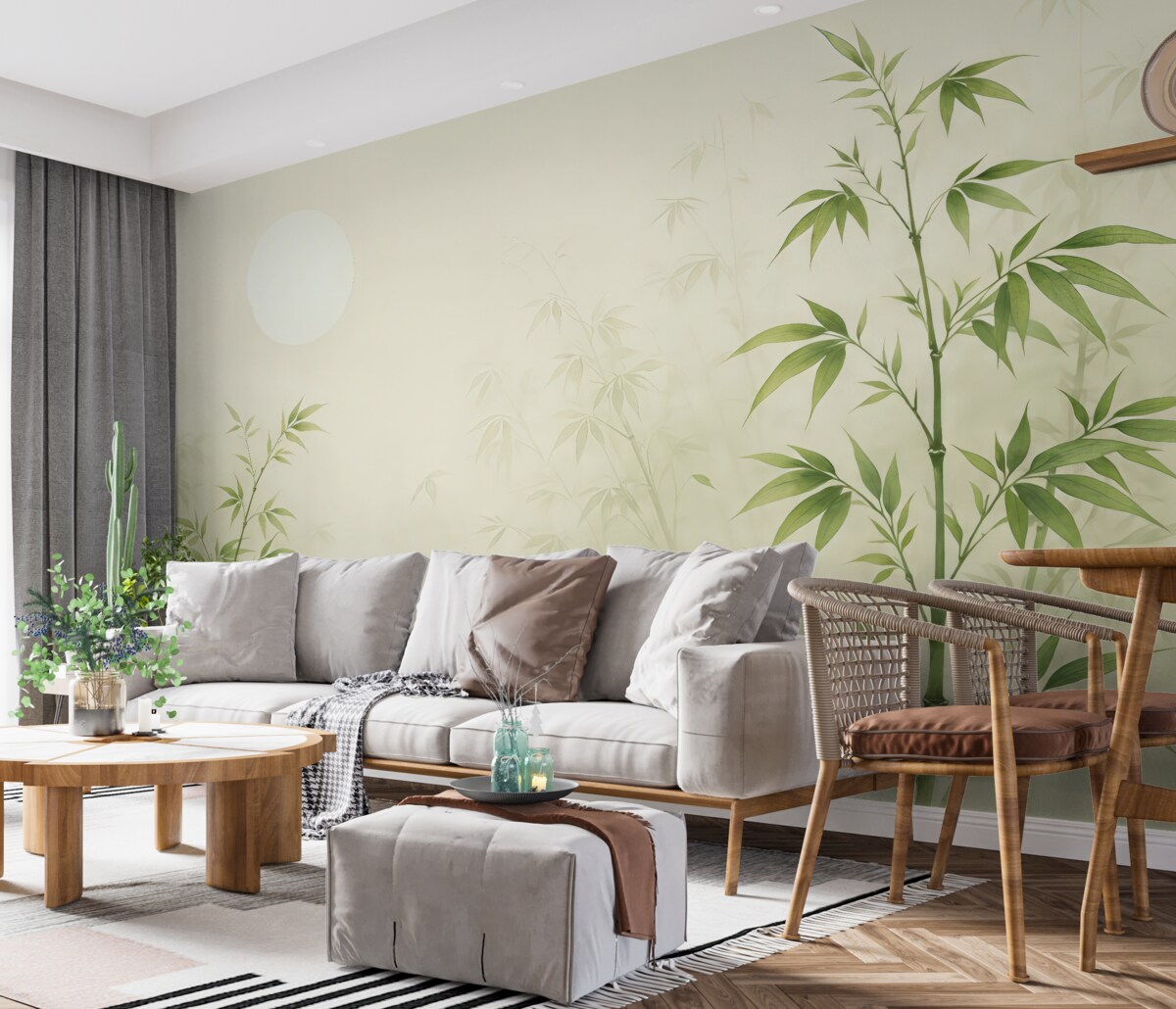 Fototapeta Minimalizm w stylu Japandi, roślina bambusowa oraz słońce Chinoiserie, odcień zieleni.