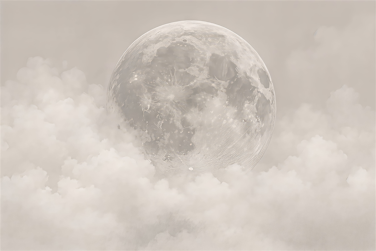 Fototapeta Ogromny księżyc wśród obłoków w beżowym stylu loftowym.