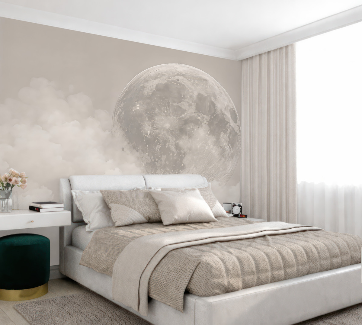 Fototapeta Ogromny księżyc wśród obłoków w beżowym stylu loftowym.