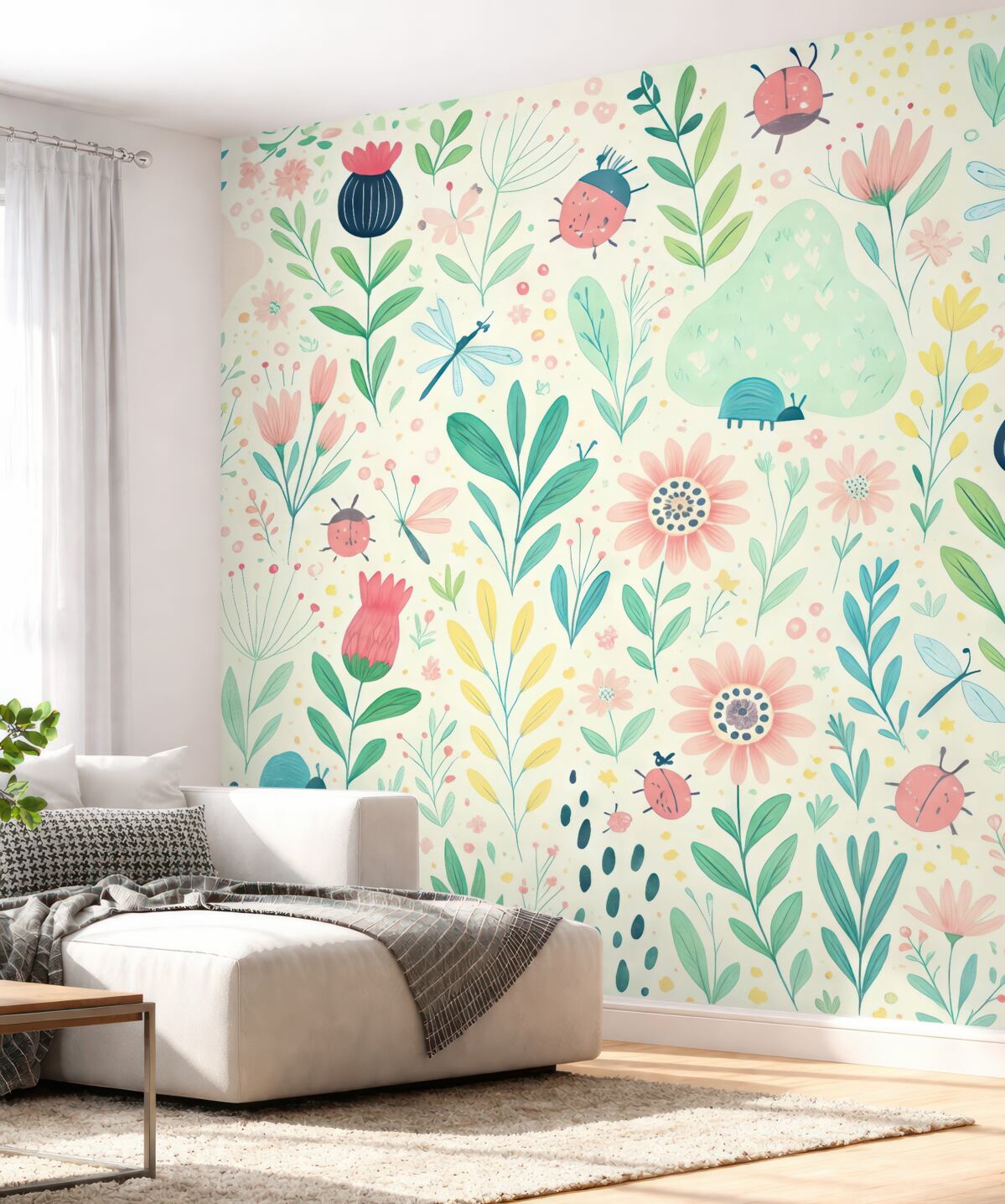 Fototapeta Rośliny, motyle, libelle, chrabąszcze, pokój dla dzieci.