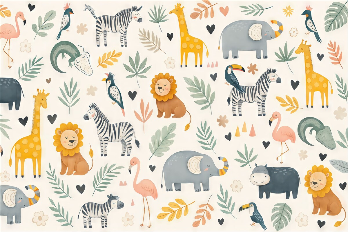 Fototapeta Zwierzęta, lwy, żyrafy, słonie, liście, pokój dla dzieci.