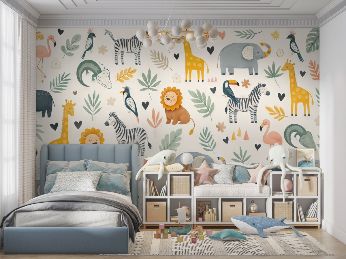 Fototapeta Zwierzęta, lwy, żyrafy, słonie, liście, pokój dla dzieci.