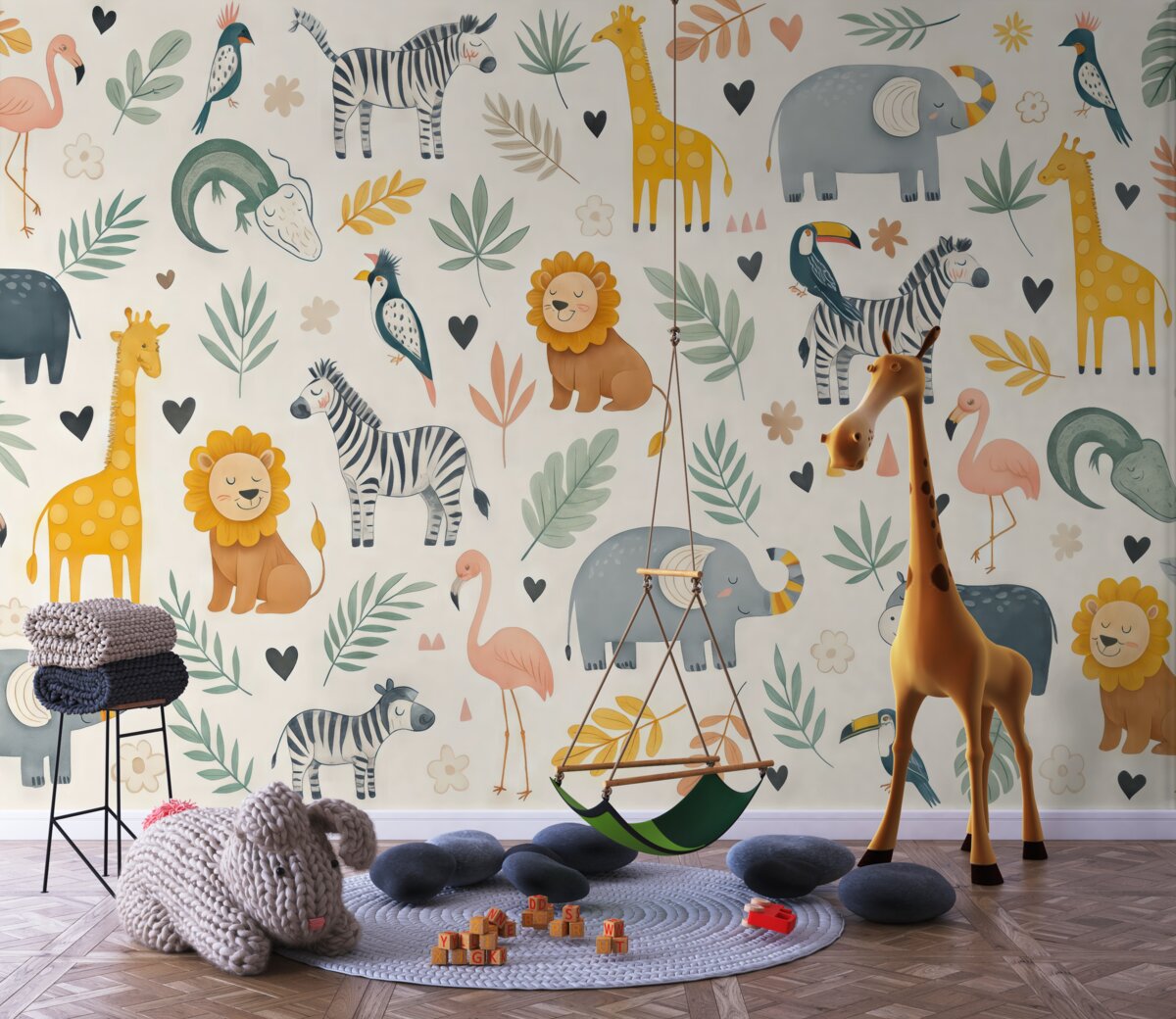 Fototapeta Zwierzęta, lwy, żyrafy, słonie, liście, pokój dla dzieci.