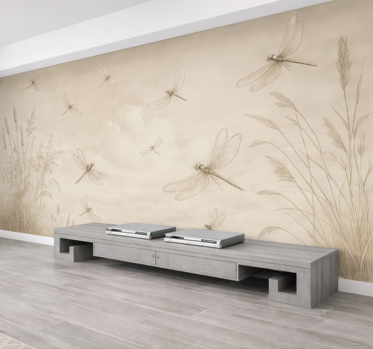 Fototapeta Kształt trzciny i ważek na brązowej otoczce.