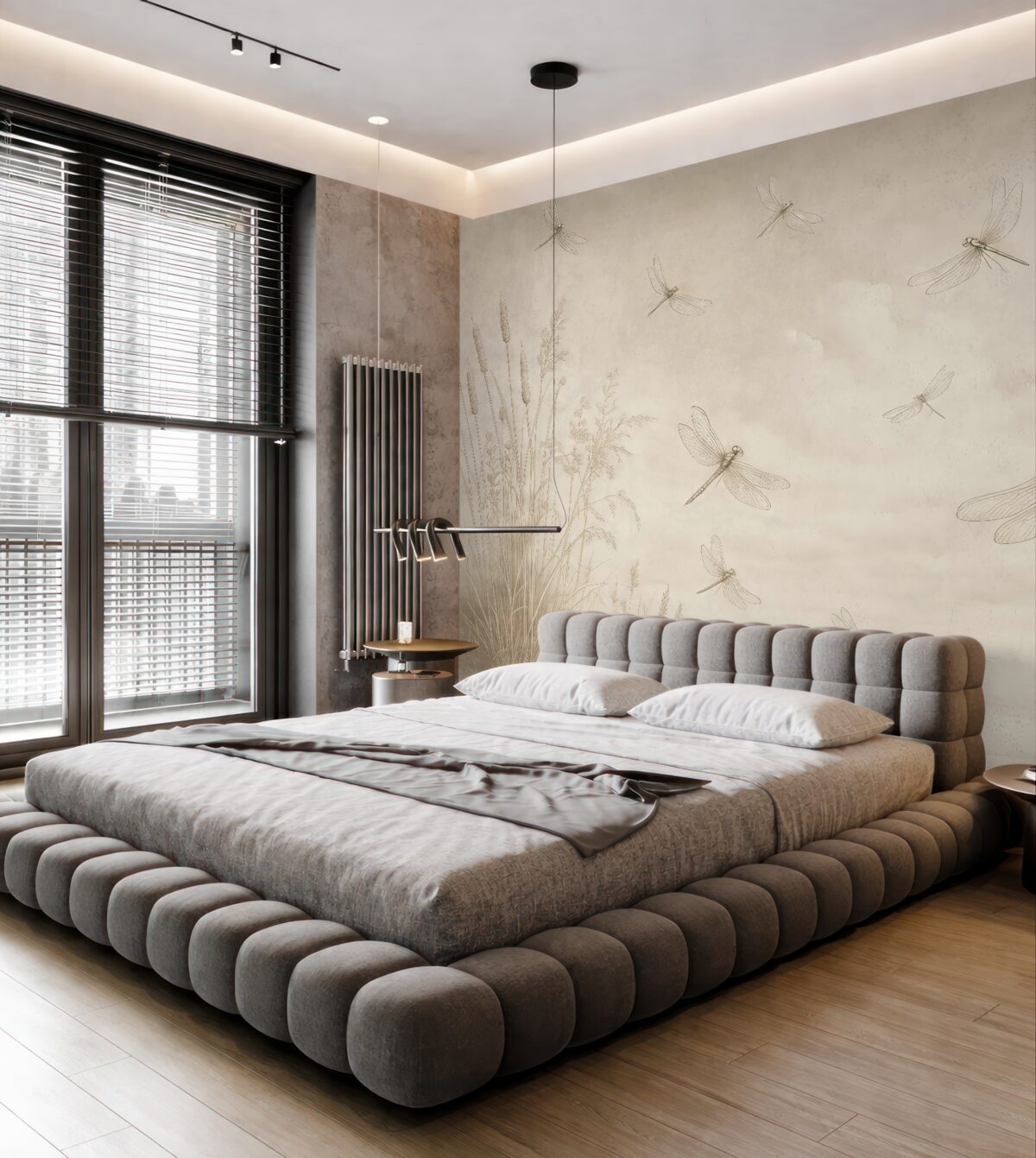 Fototapeta Kształt trzciny i ważek na brązowej otoczce.