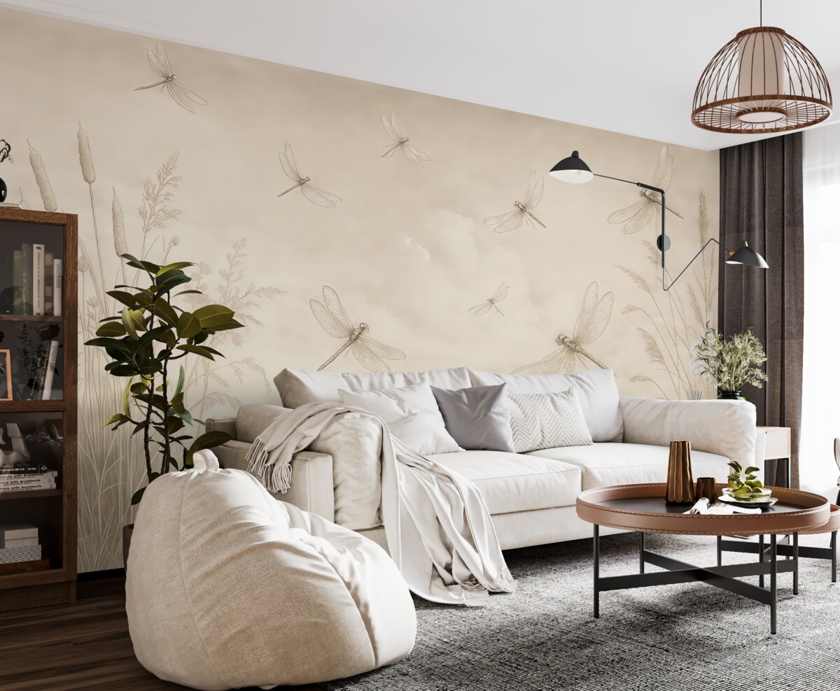 Fototapeta Kształt trzciny i ważek na brązowej otoczce.