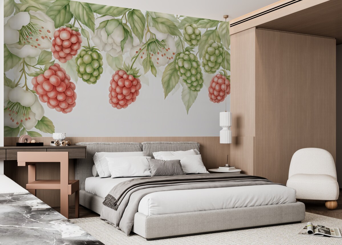 Fototapeta Wielkie maliny na gałęzi z liśćmi oraz białymi kwiatami, akwarela, czerwień, biel, zieleń.