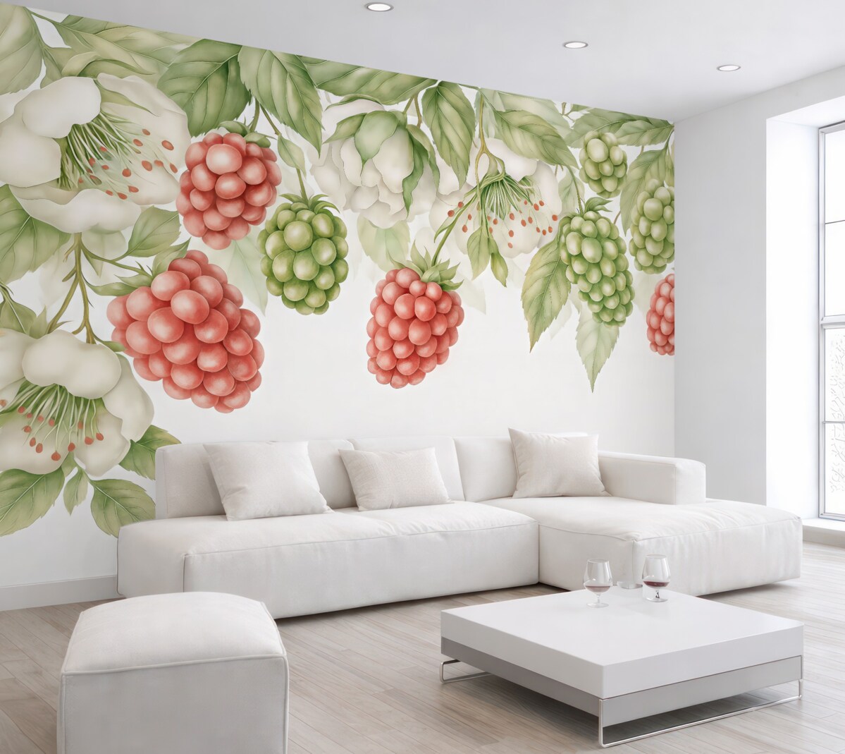 Fototapeta Wielkie maliny na gałęzi z liśćmi oraz białymi kwiatami, akwarela, czerwień, biel, zieleń.