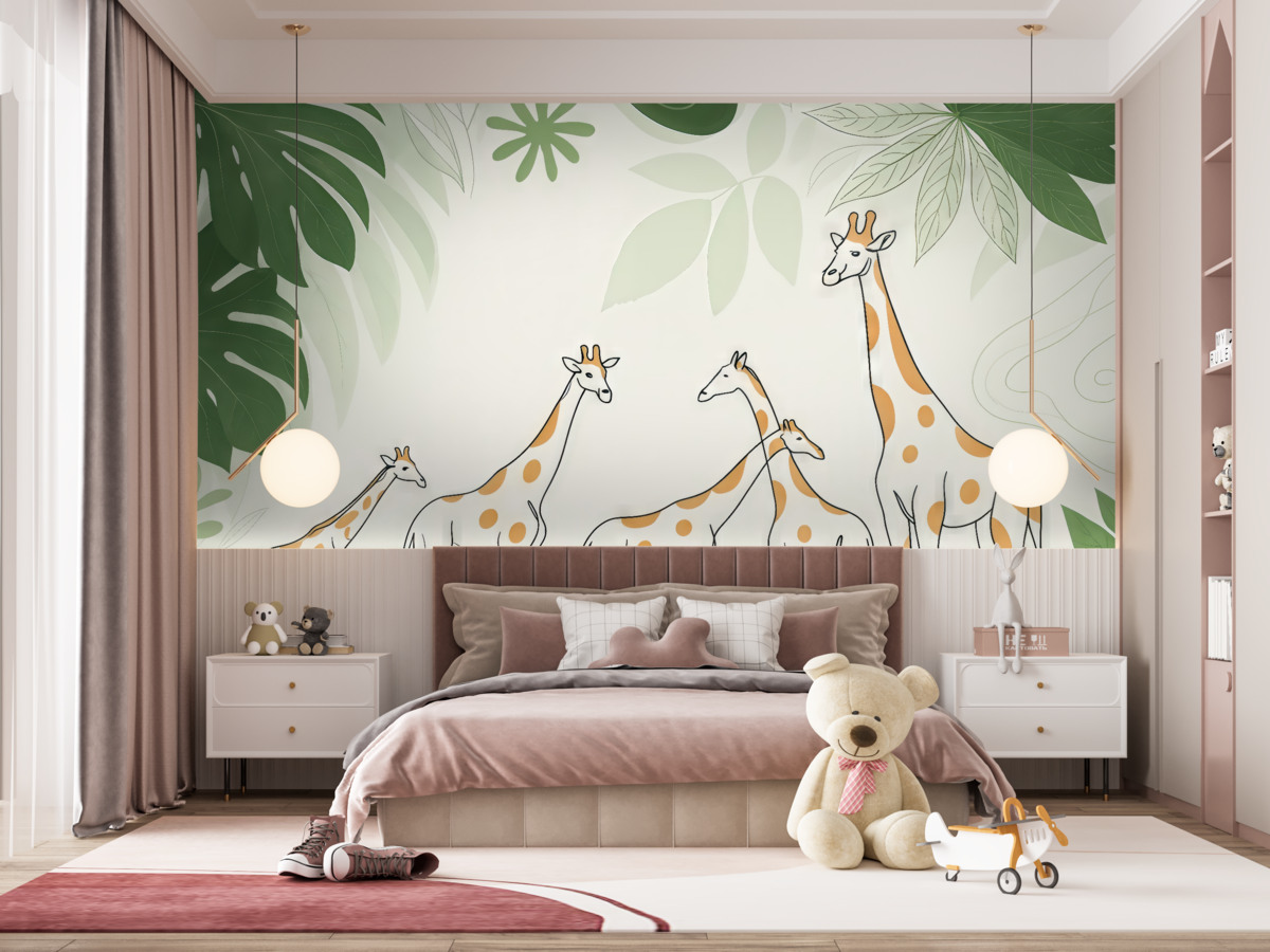 Fototapeta Żyrafy wyciągające się wysoko wśród liści.