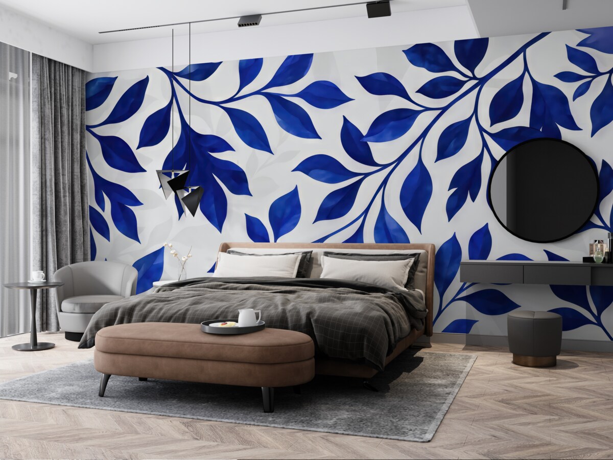 Fototapeta Liście tropikalne, akwarela, wzór kwiatowy, odcień niebieski.