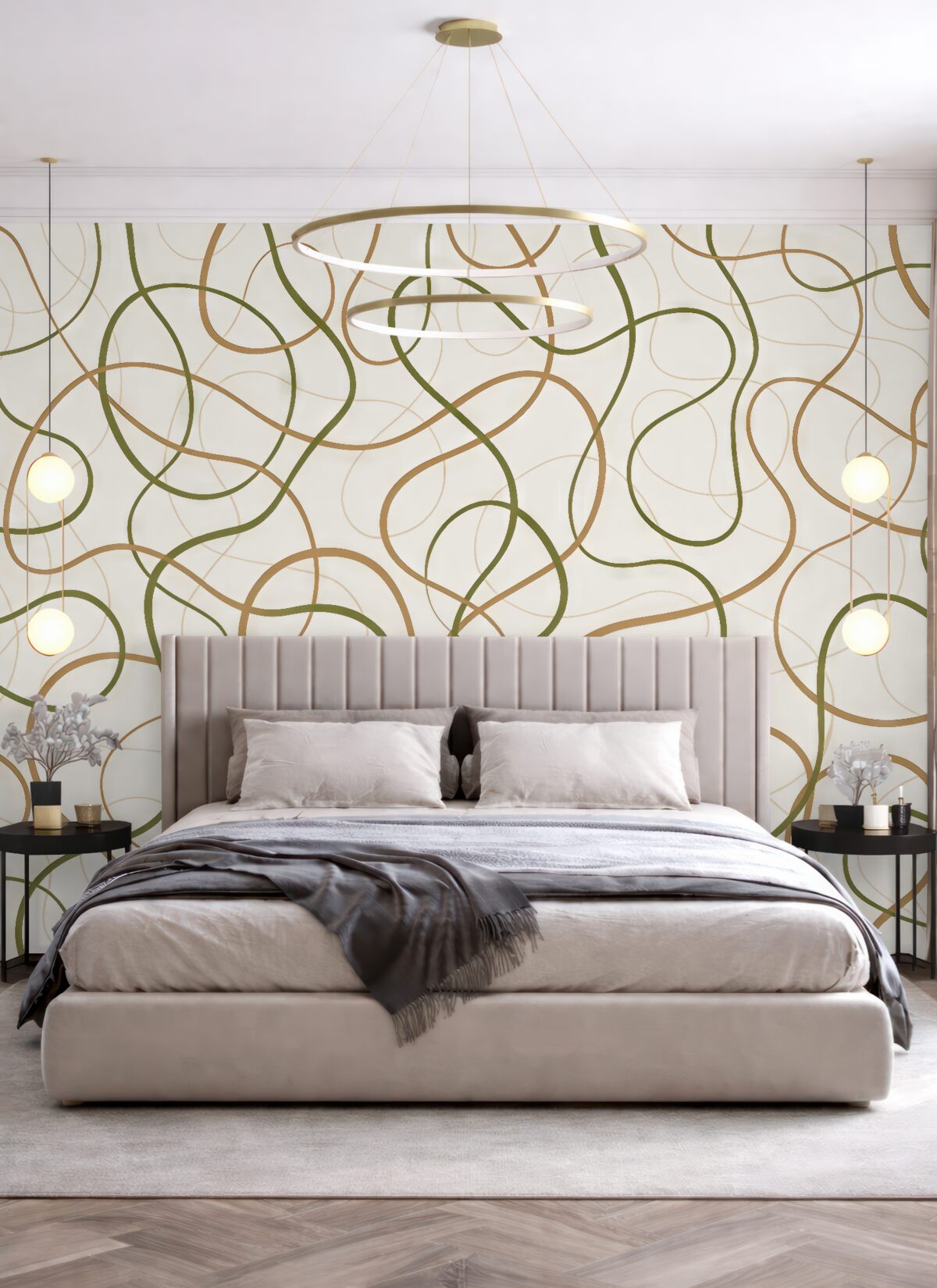 Fototapeta Abstrakcyjne linie, minimalistyczny, geometryczny motyw, zieleń oraz beż.