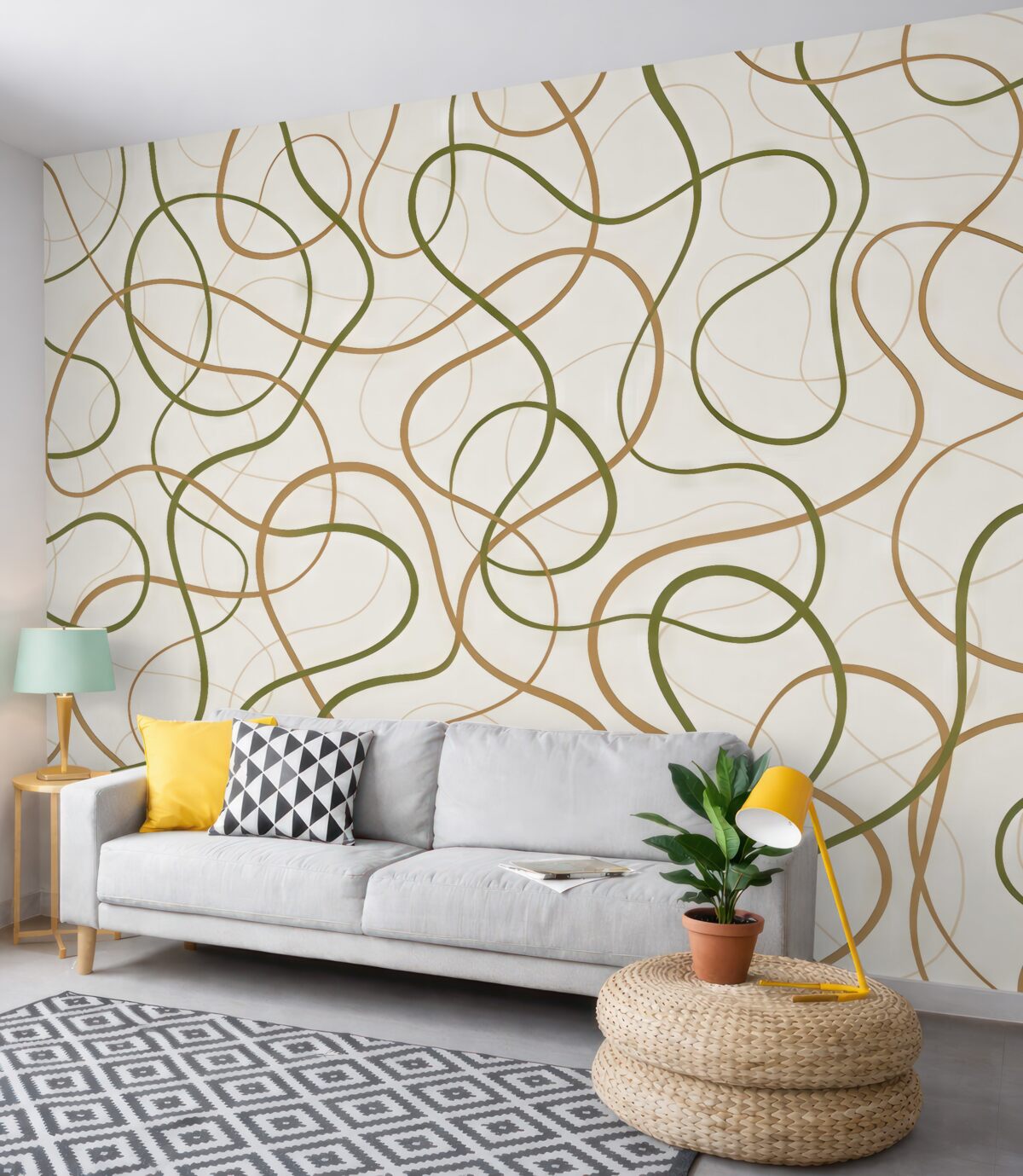 Fototapeta Abstrakcyjne linie, minimalistyczny, geometryczny motyw, zieleń oraz beż.