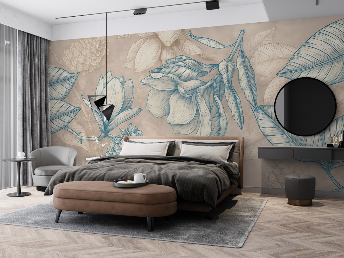 Fototapeta Wzór kwiatowy z dużymi kwiatami, liście na jasnym beżowym tle.