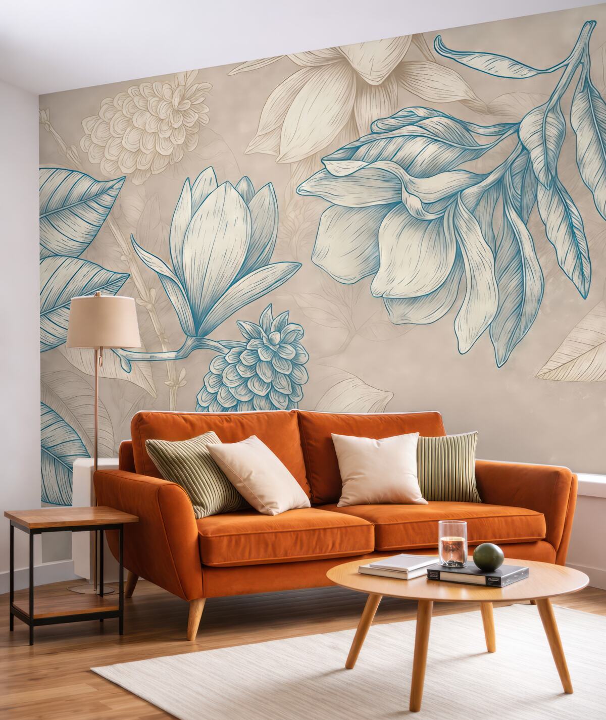 Fototapeta Wzór kwiatowy z dużymi kwiatami, liście na jasnym beżowym tle.