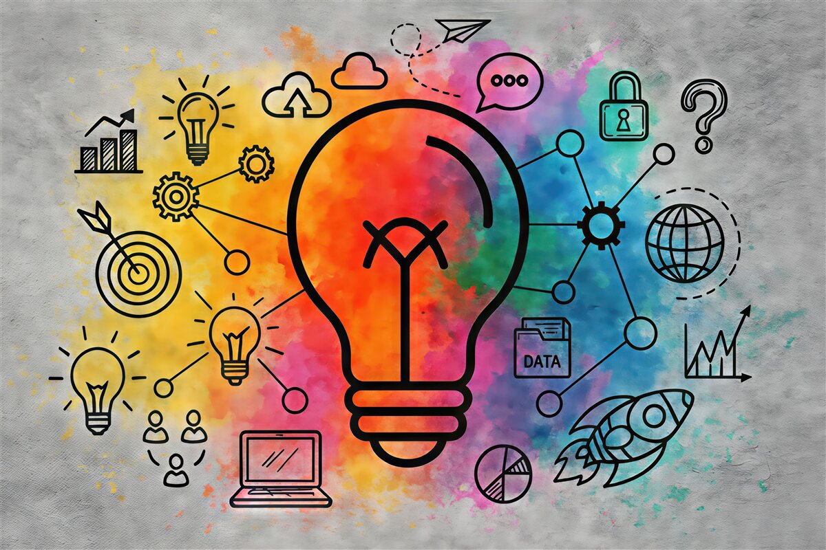 Fototapeta betonowa ściana, szkic żarówki z innowacyjnym pomysłem na strategię biznesową