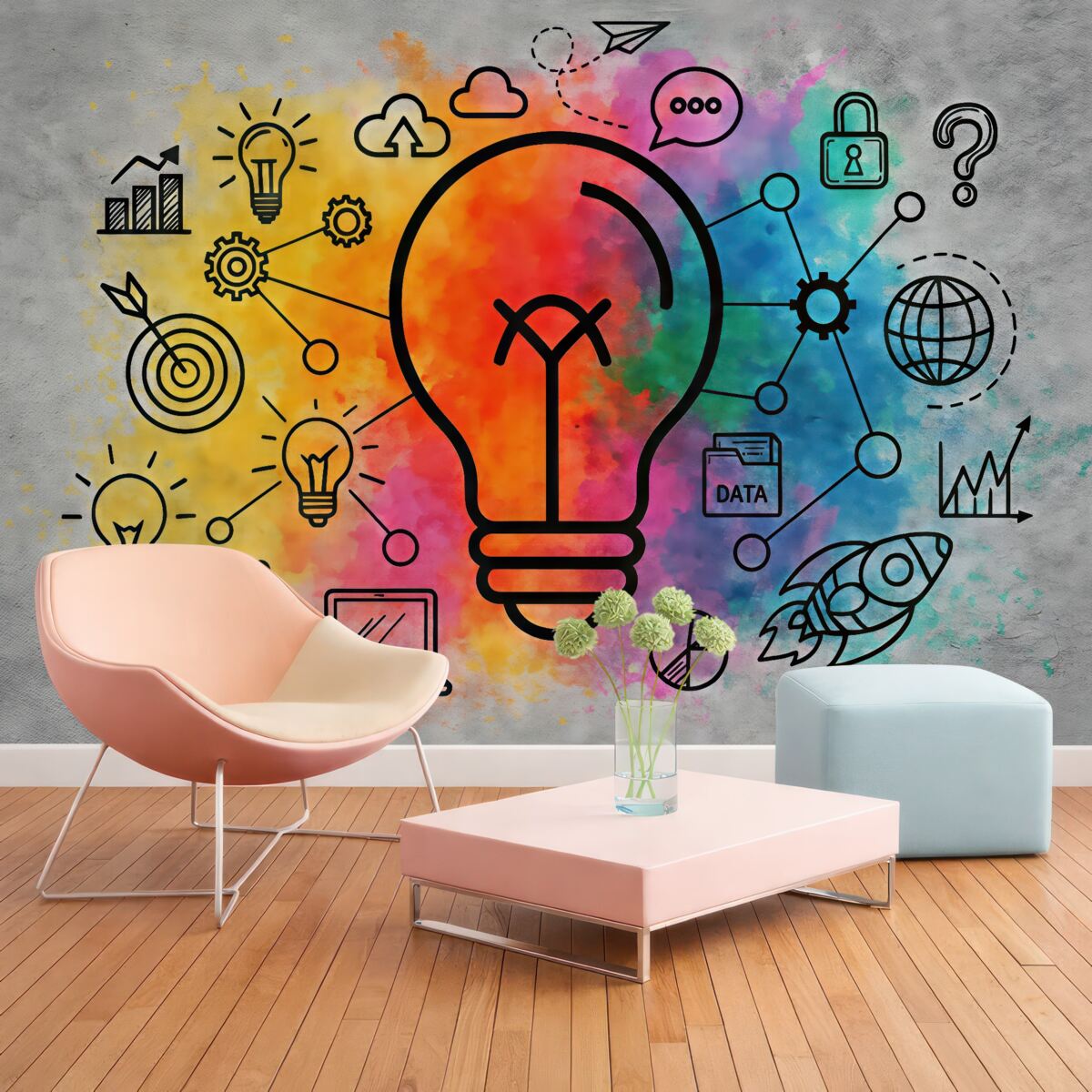 Fototapeta betonowa ściana, szkic żarówki z innowacyjnym pomysłem na strategię biznesową