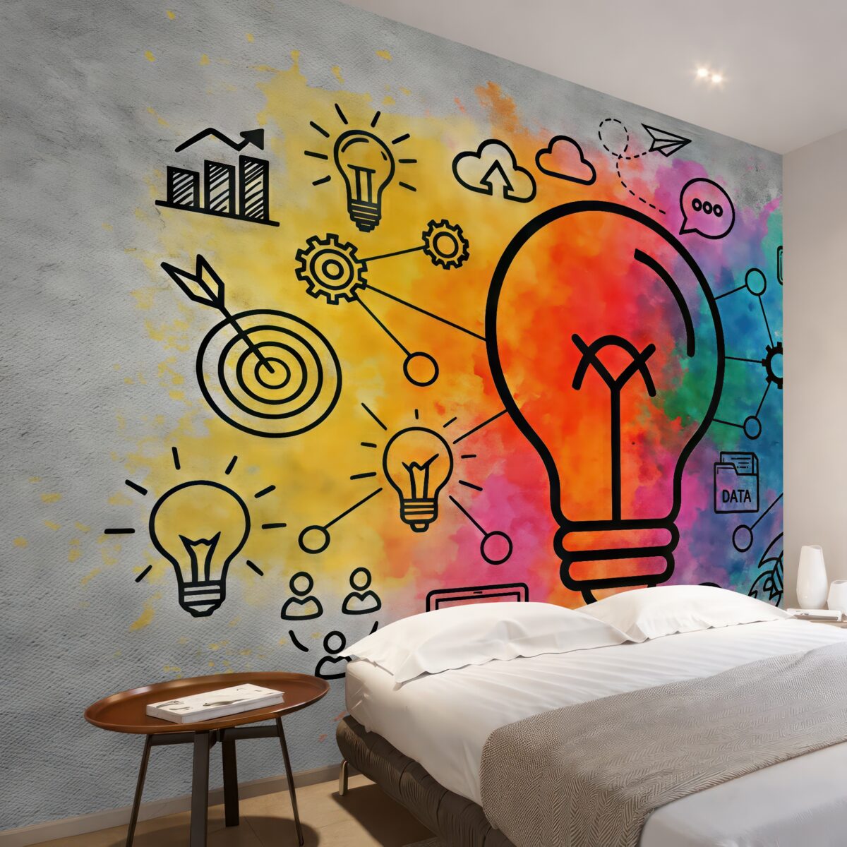 Fototapeta betonowa ściana, szkic żarówki z innowacyjnym pomysłem na strategię biznesową