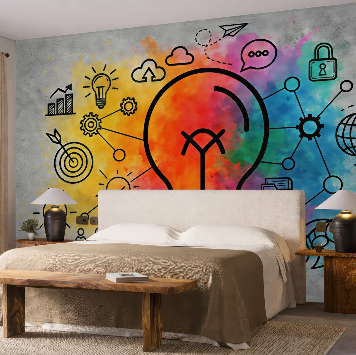 Fototapeta betonowa ściana, szkic żarówki z innowacyjnym pomysłem na strategię biznesową