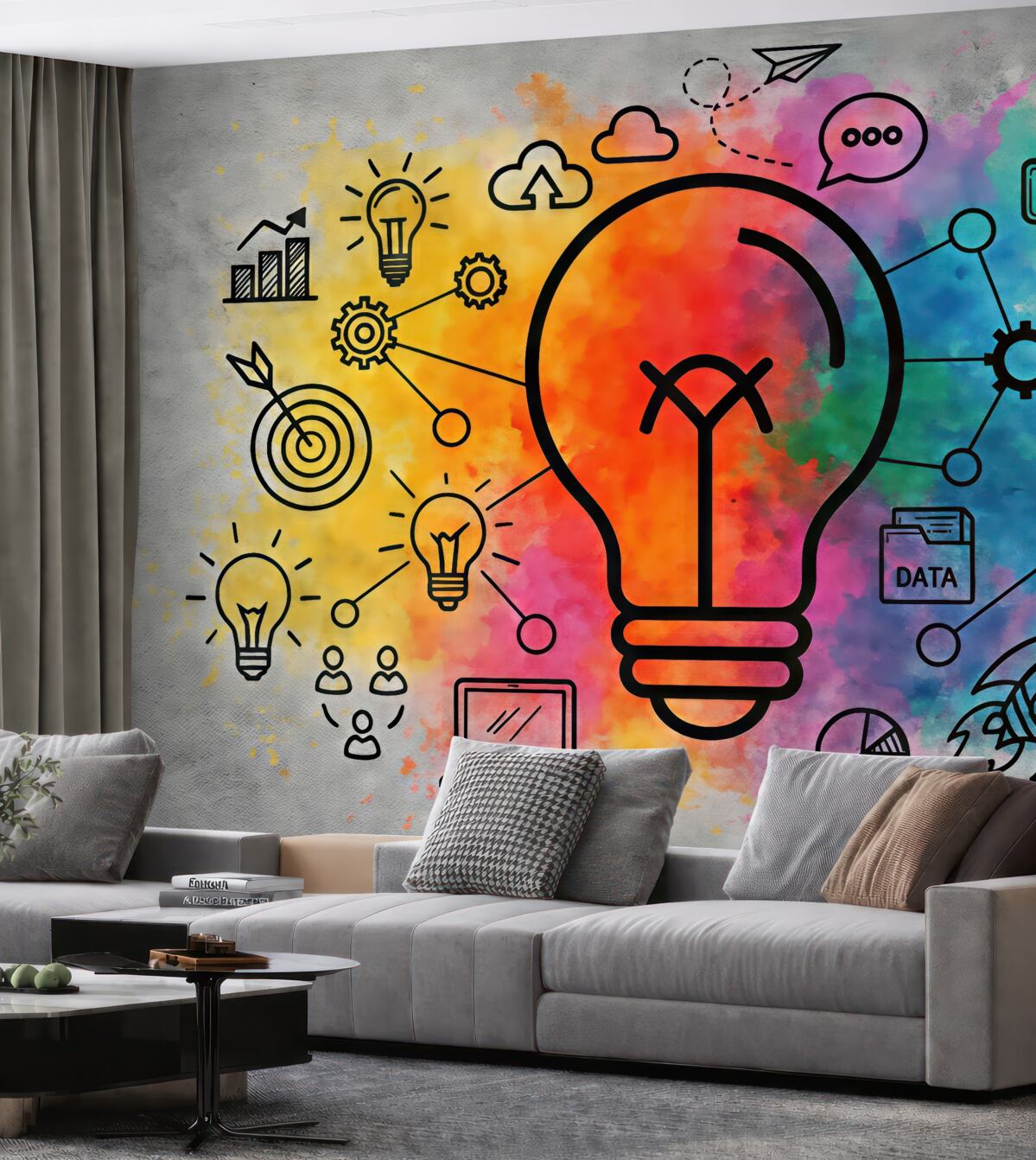 Fototapeta betonowa ściana, szkic żarówki z innowacyjnym pomysłem na strategię biznesową