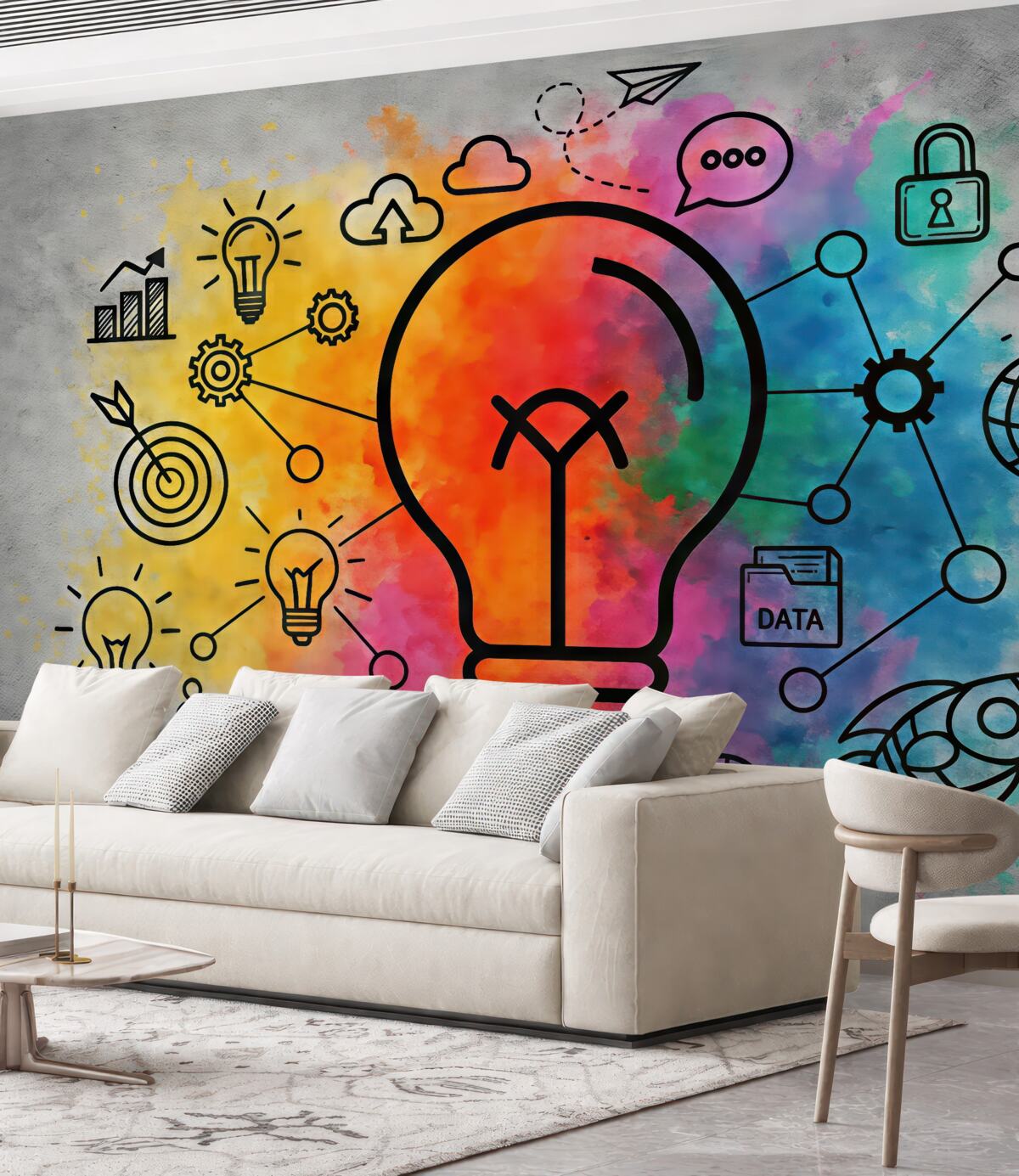 Fototapeta betonowa ściana, szkic żarówki z innowacyjnym pomysłem na strategię biznesową