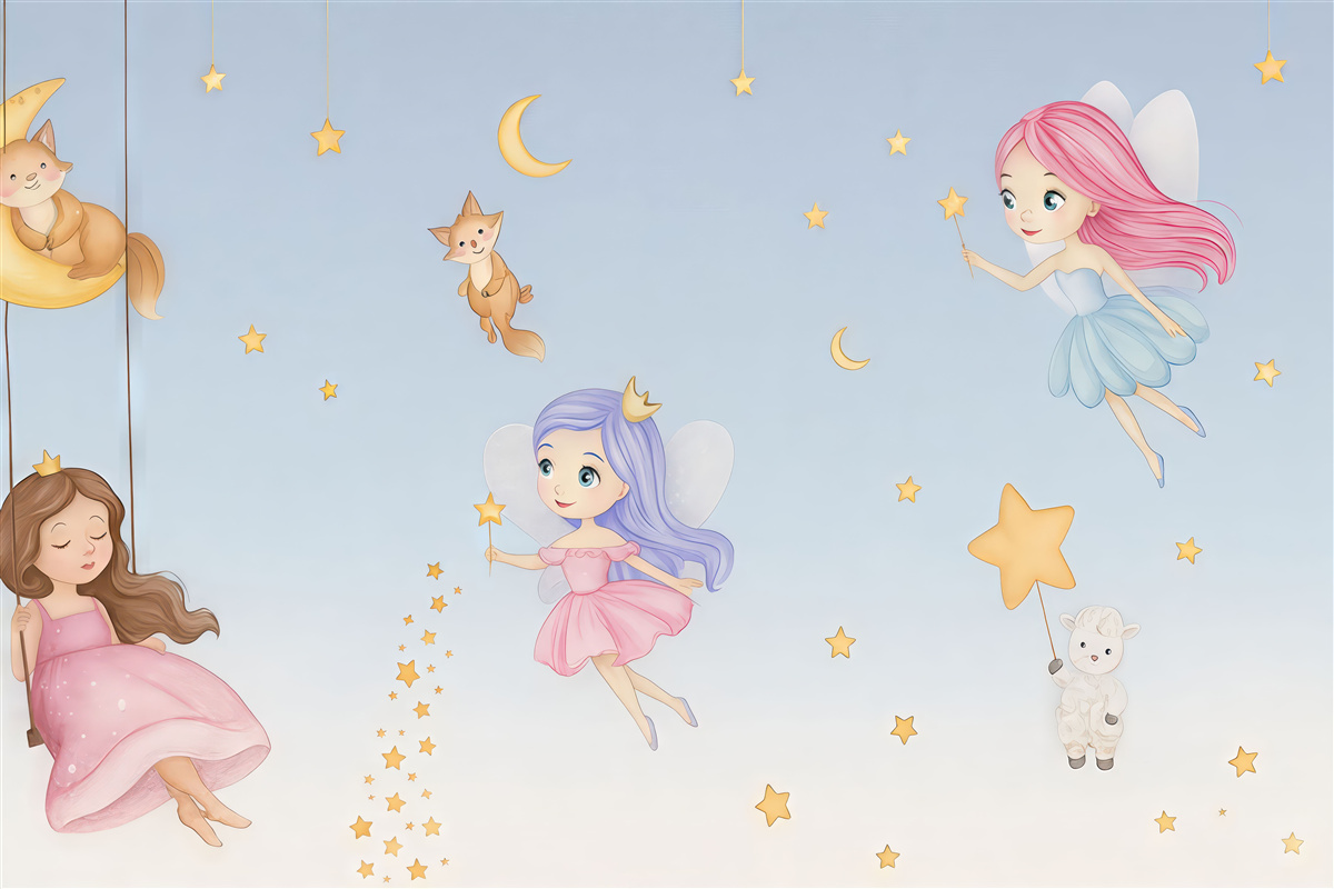 Fototapeta Wróżki oraz urokliwe zwierzęta na błękitnym tle.