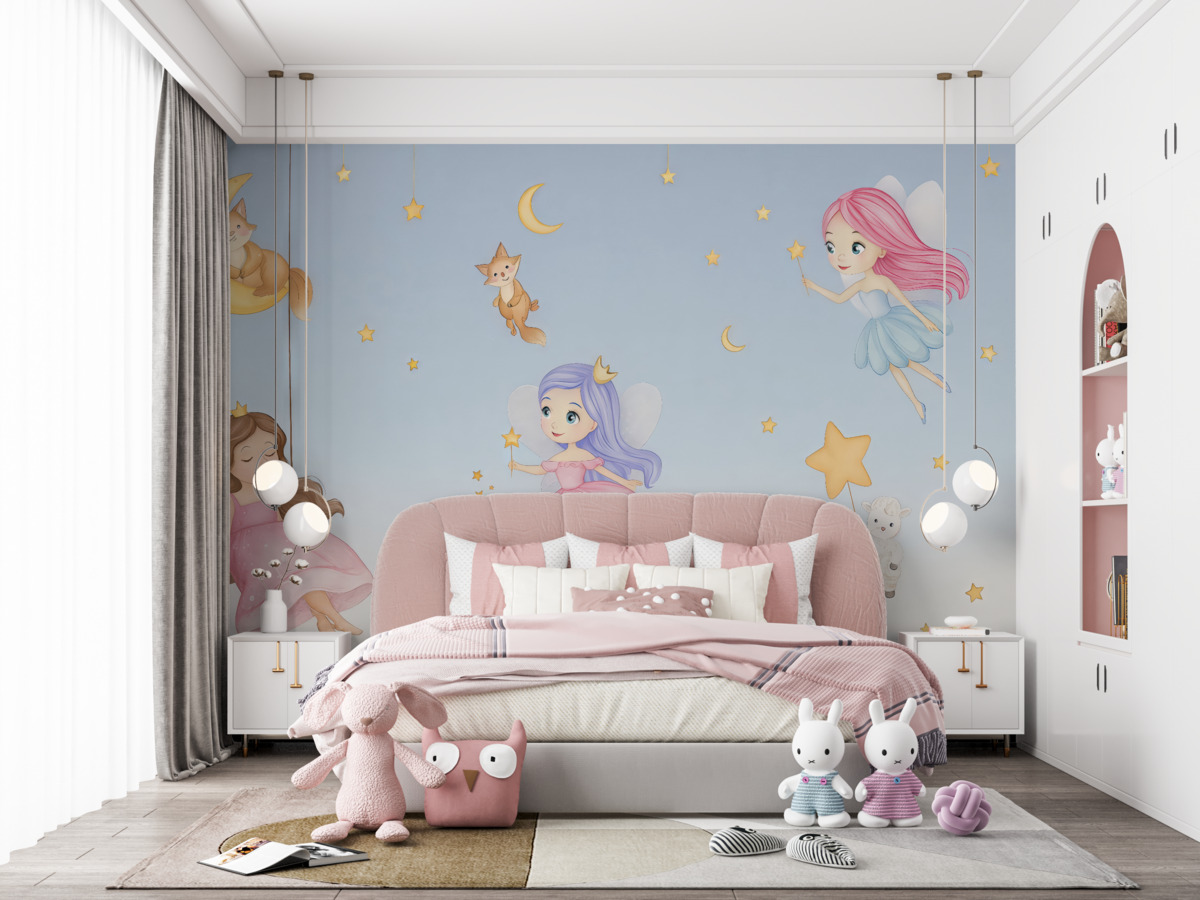 Fototapeta Wróżki oraz urokliwe zwierzęta na błękitnym tle.