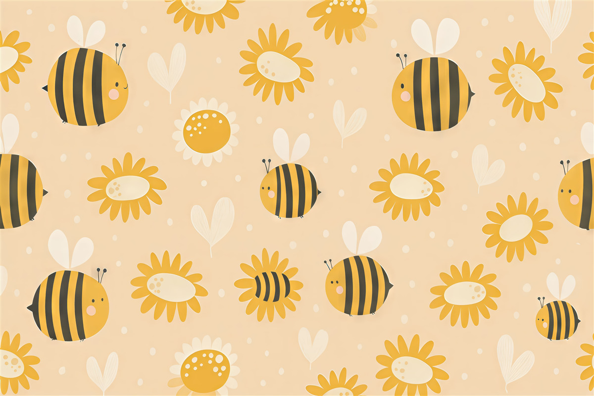 Fototapeta Pszczoła krąży wokół roślin, barwy żółtej, białej, dziecięce, nieskomplikowane formy.