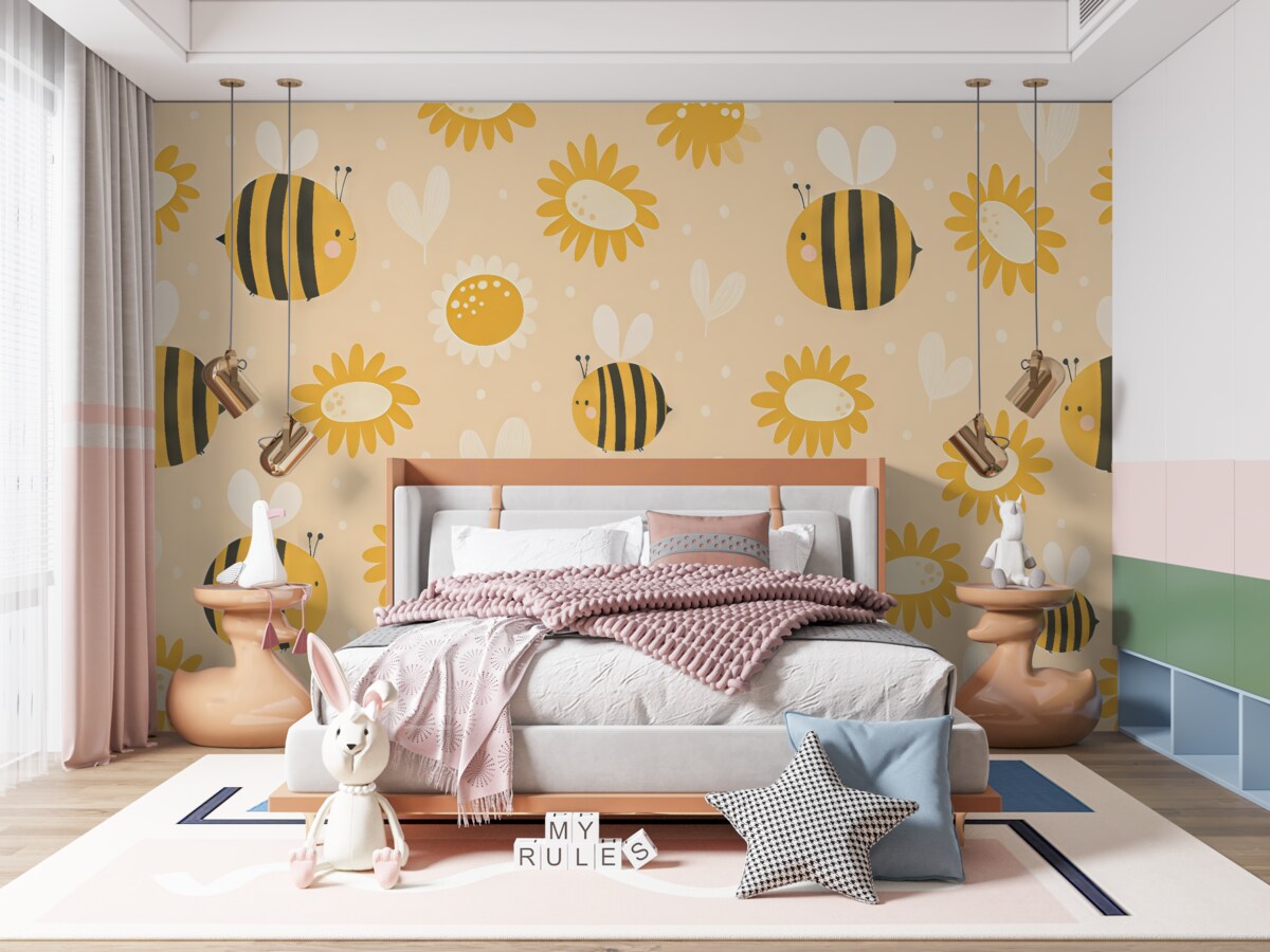 Fototapeta Pszczoła krąży wokół roślin, barwy żółtej, białej, dziecięce, nieskomplikowane formy.