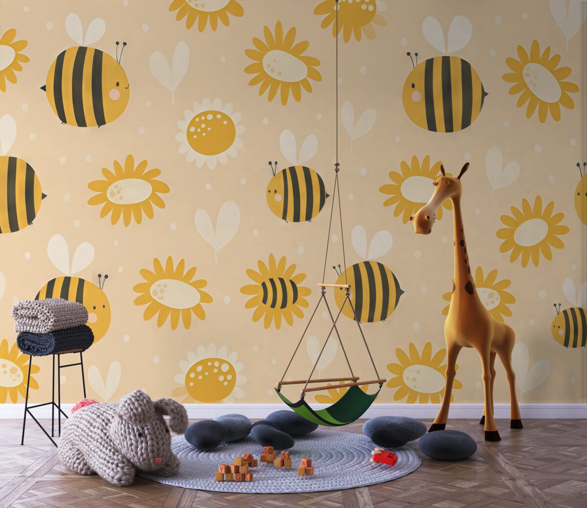 Fototapeta Pszczoła krąży wokół roślin, barwy żółtej, białej, dziecięce, nieskomplikowane formy.