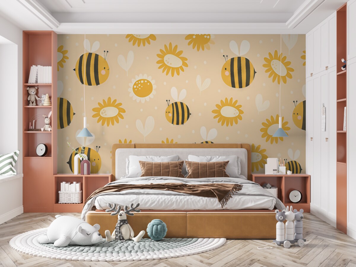 Fototapeta Pszczoła krąży wokół roślin, barwy żółtej, białej, dziecięce, nieskomplikowane formy.